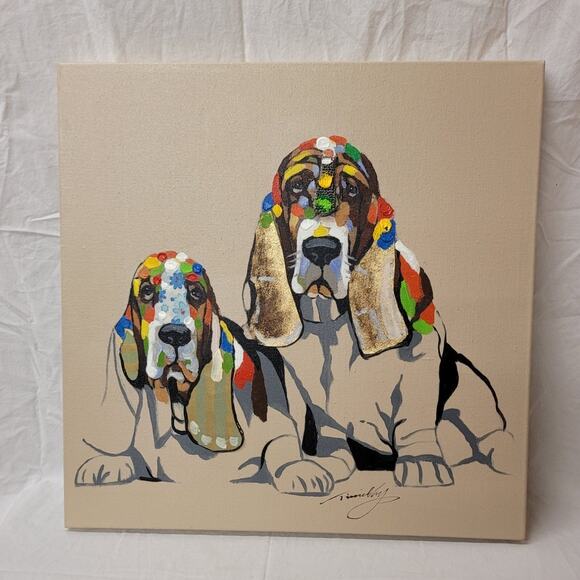 Handmade Other - Basset Hounds Modern Painting Mixed Media